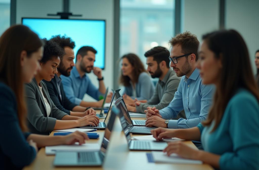 Diverse group of professionals collaborating during a journalism training session